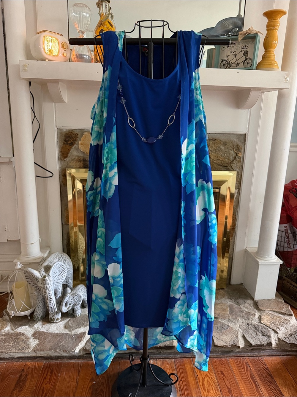 Blue Floral-Overlay Midi Dress